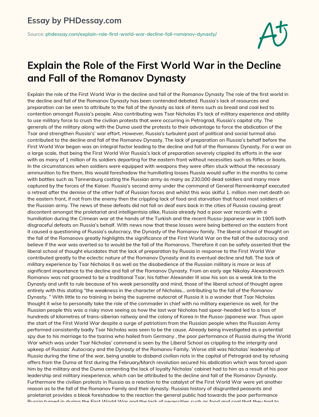 The Role of WWI in the Decline and Fall of the Romanov Dynasty essay