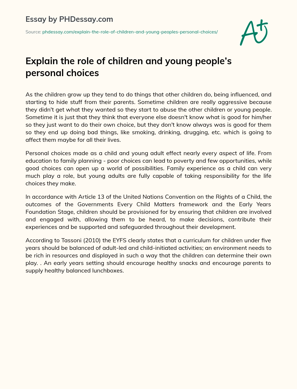 Explain the role of children and young people’s personal choices essay