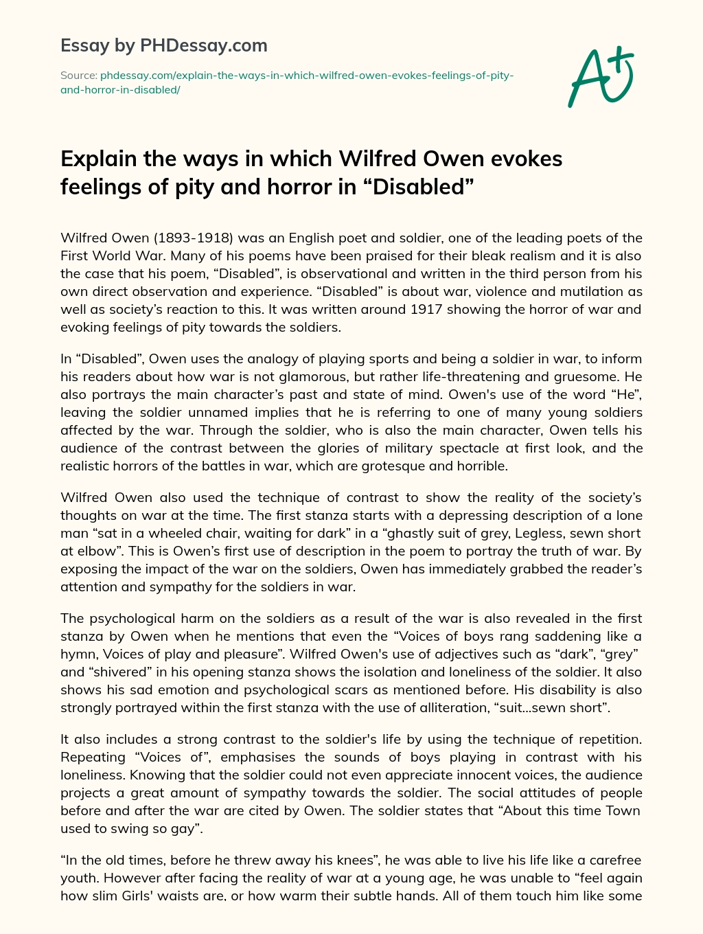 Wilfred Owen’s Disabled: A Bleak Realism of War and Society’s Reaction essay