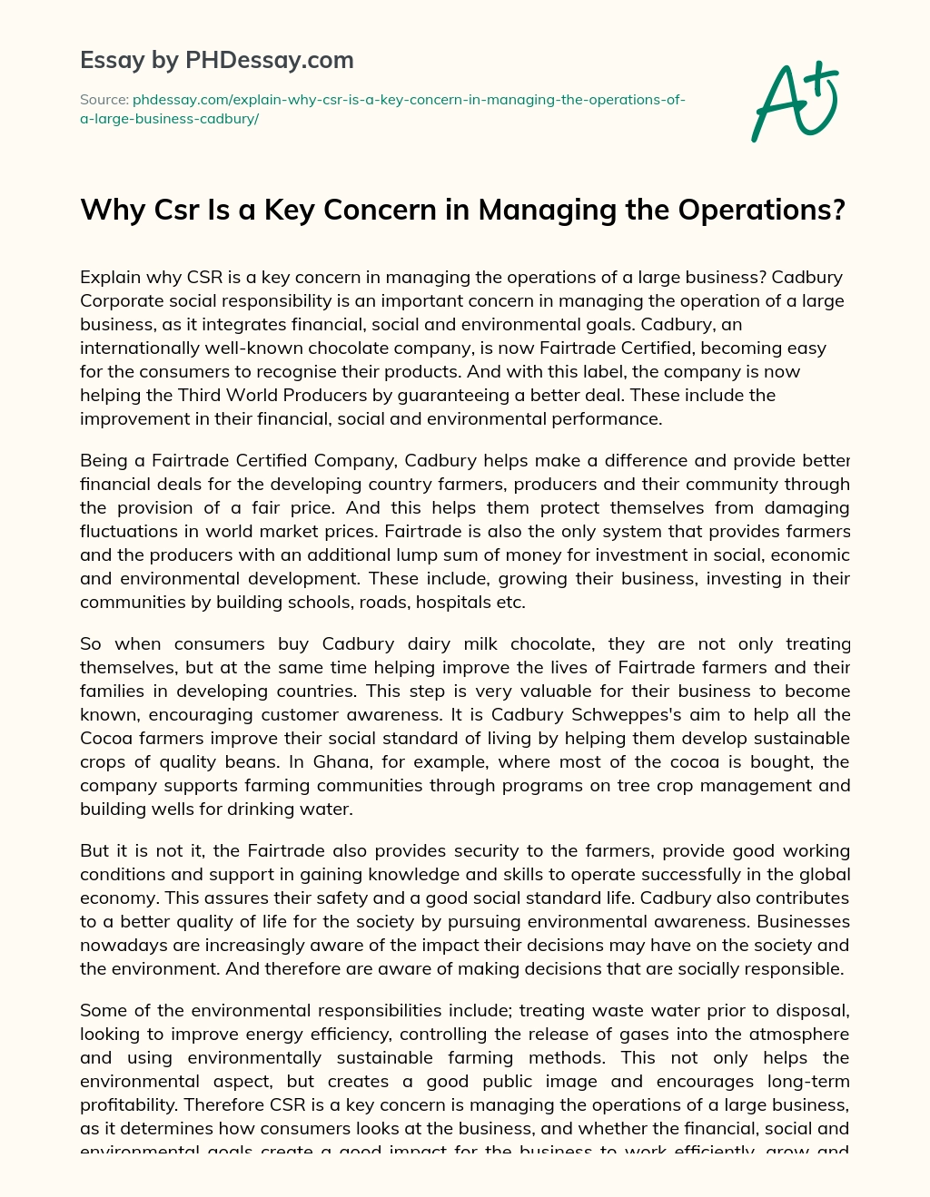 Why Csr Is a Key Concern in Managing the Operations? essay