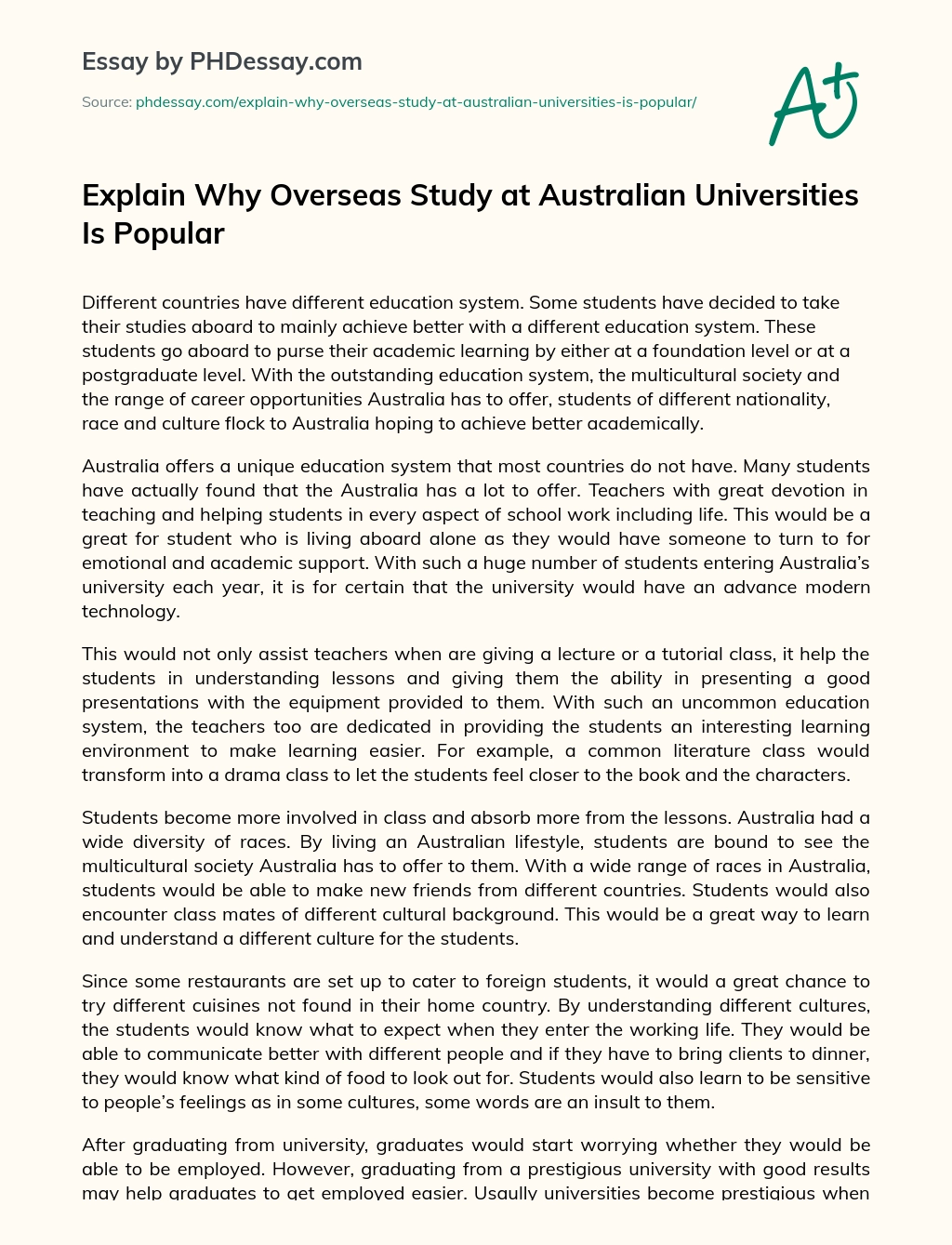Explain Why Overseas Study at Australian Universities Is Popular essay
