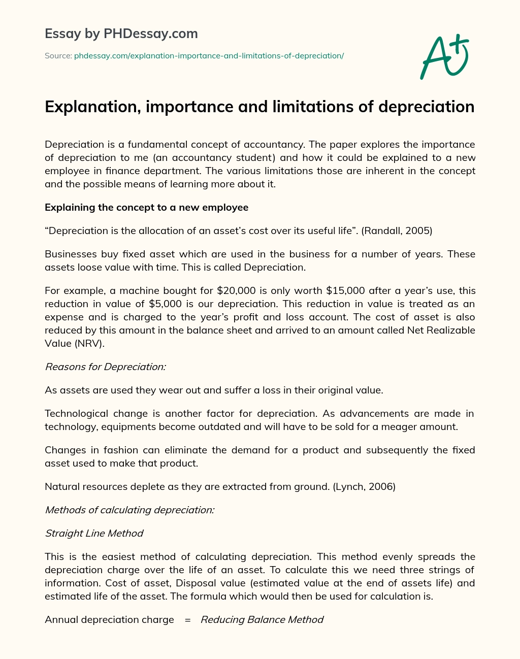 Explanation, importance and limitations of depreciation essay