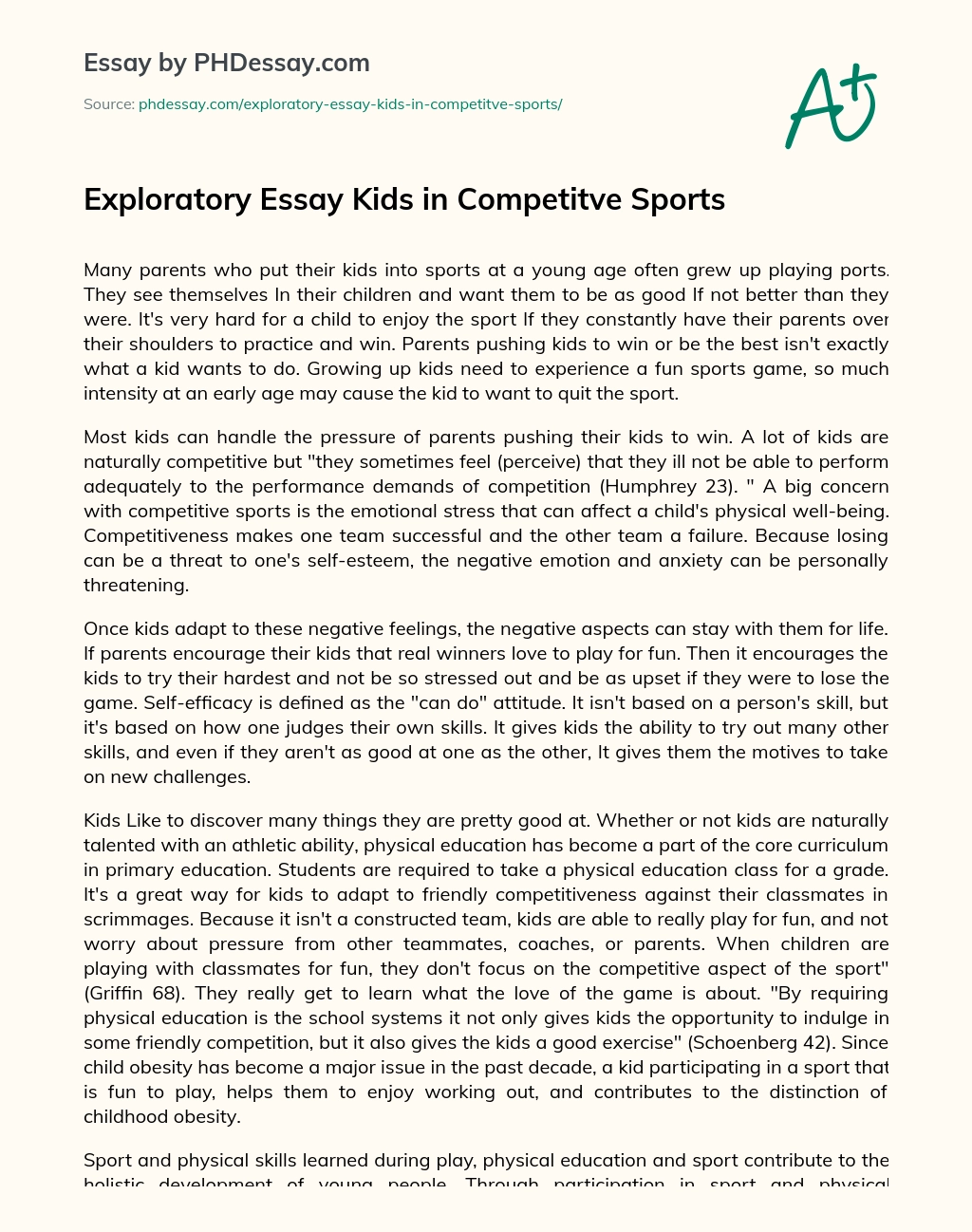 Exploratory Essay Kids in Competitve Sports