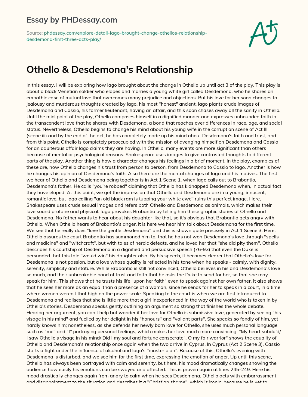 Othello & Desdemona’s Relationship essay