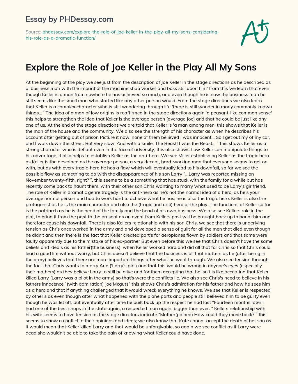Explore the Role of Joe Keller in the Play All My Sons essay