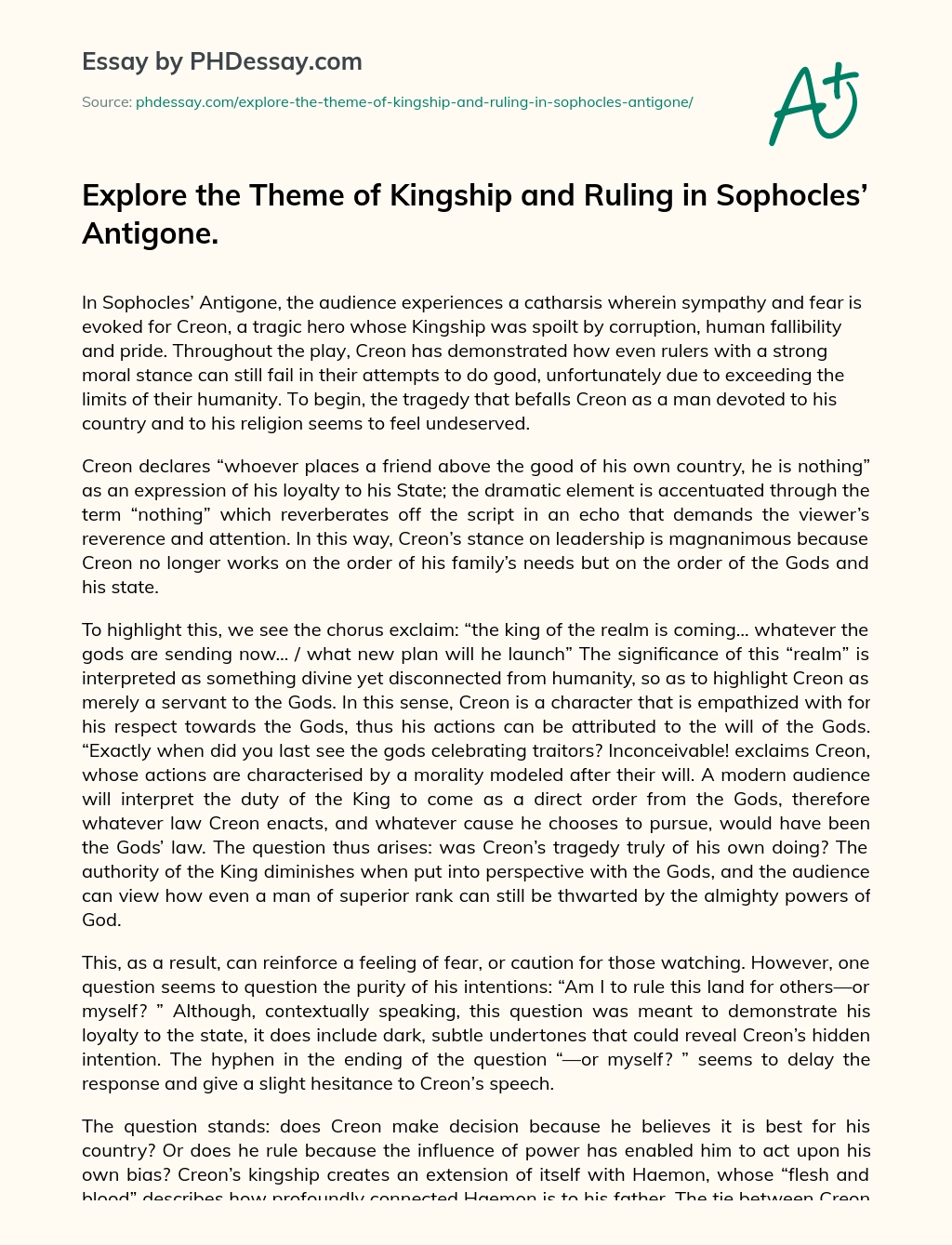 Explore the Theme of Kingship and Ruling in Sophocles’ Antigone. essay