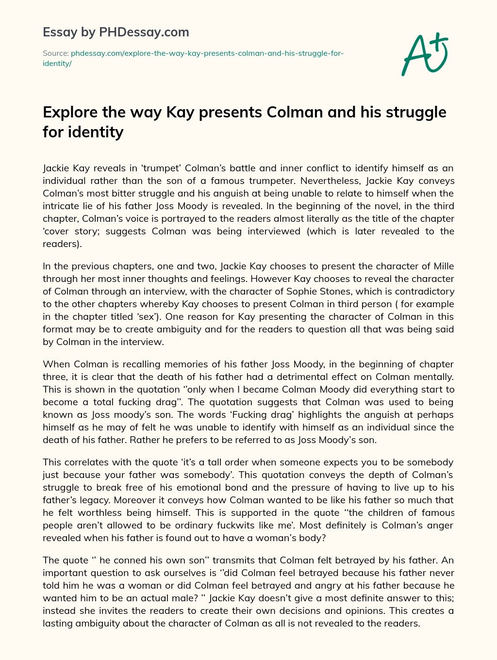 Explore the way Kay presents Colman and his struggle for identity essay