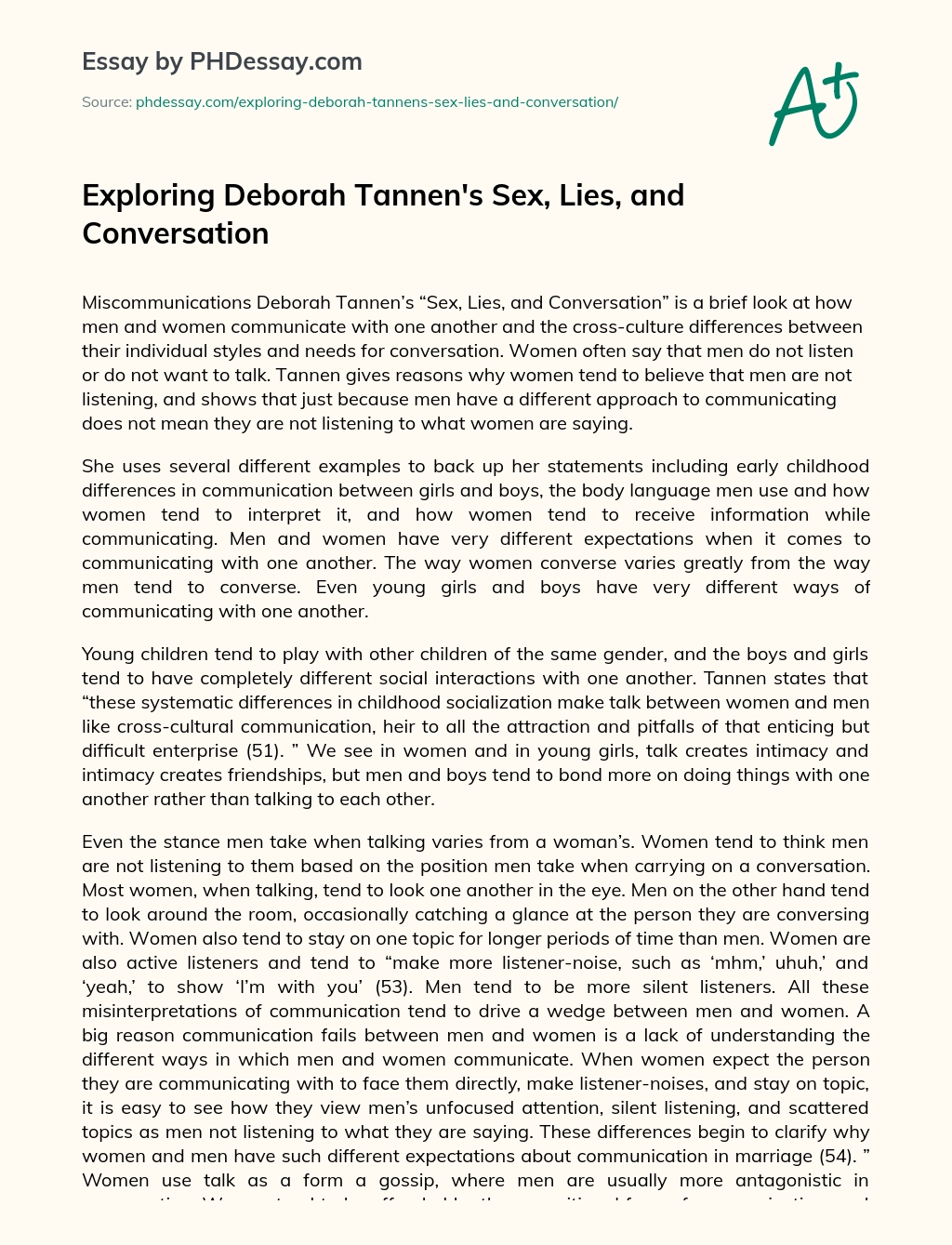 Exploring Deborah Tannen’s Sex, Lies, and Conversation essay