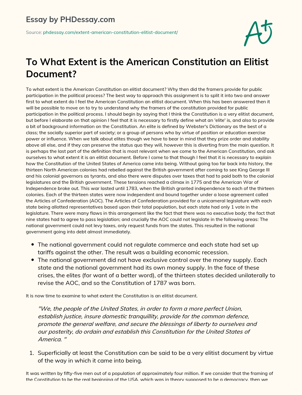 To What Extent is the American Constitution an Elitist Document? essay