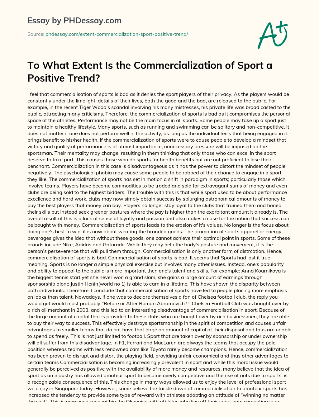 To What Extent Is the Commercialization of Sport a Positive Trend? essay