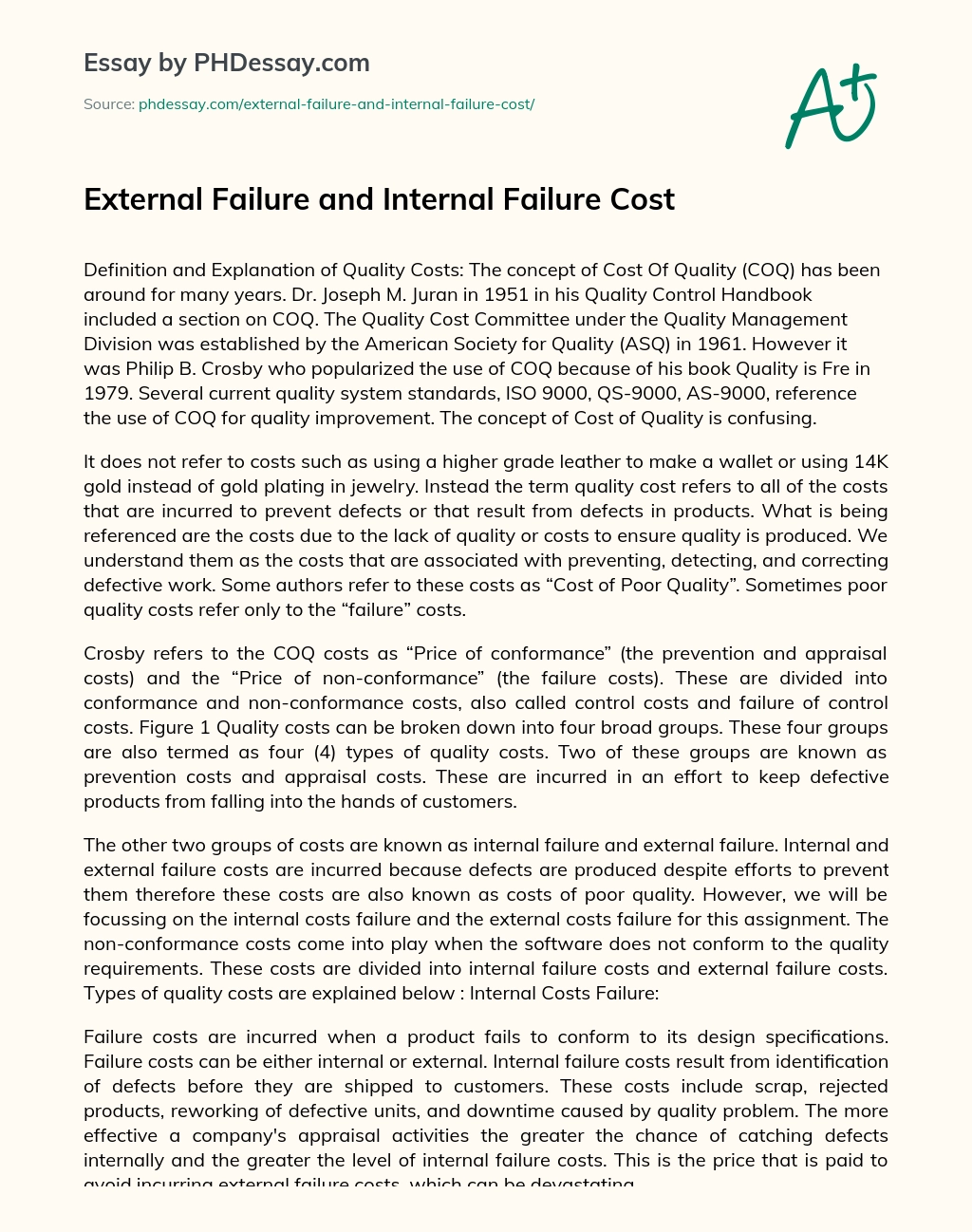External Failure and Internal Failure Cost essay