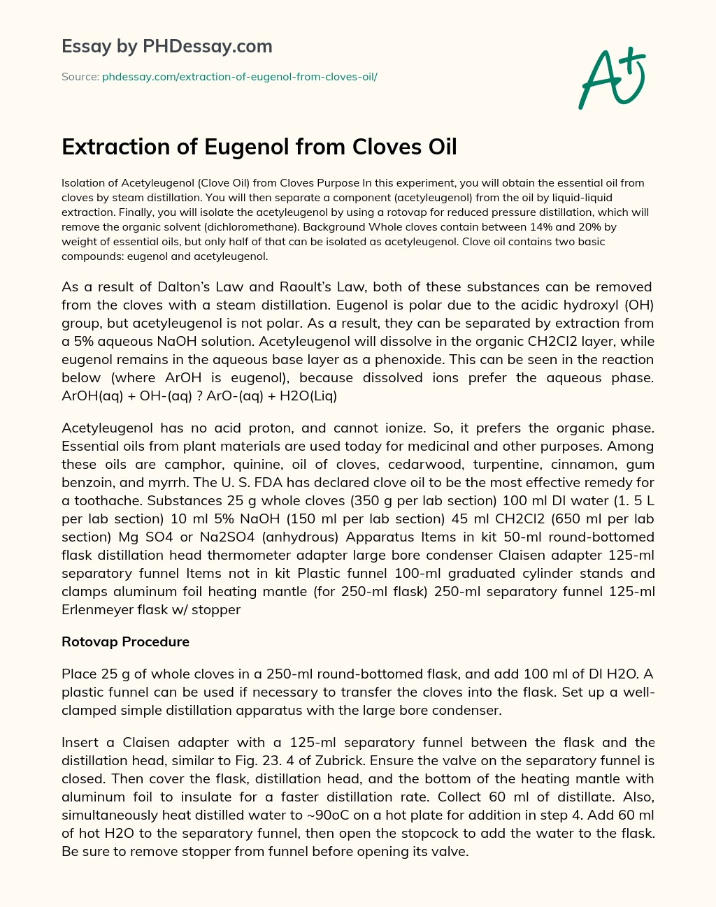 Extraction of Eugenol from Cloves Oil essay