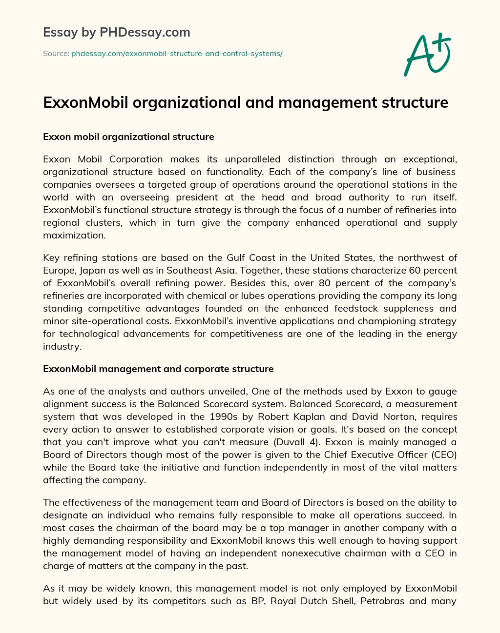 ExxonMobil organizational and management structure essay
