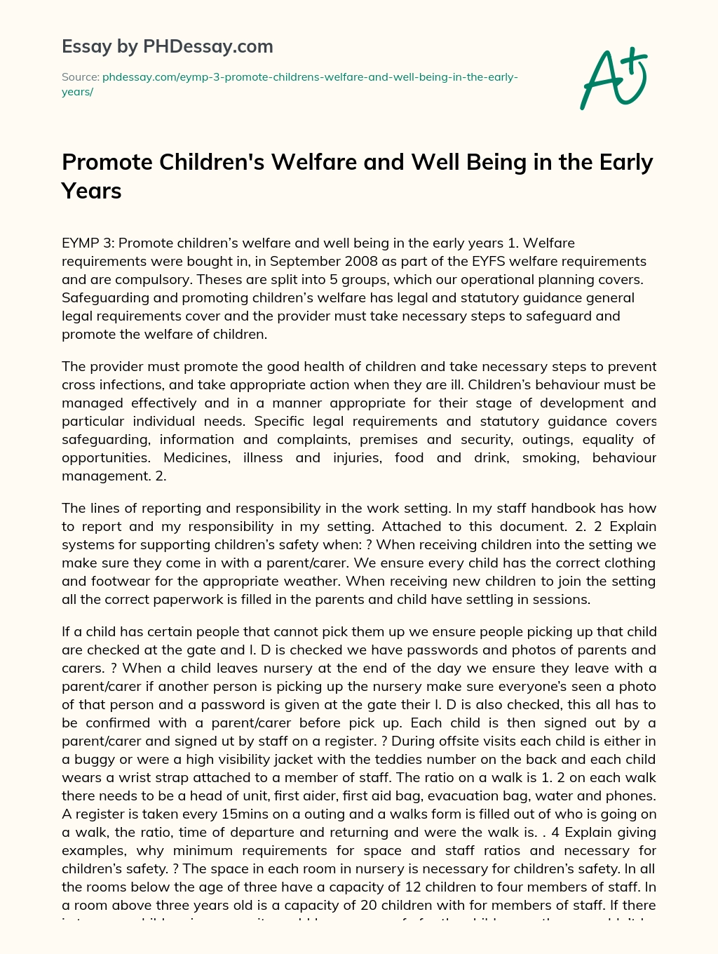 Promote Children’s Welfare and Well Being in the Early Years essay