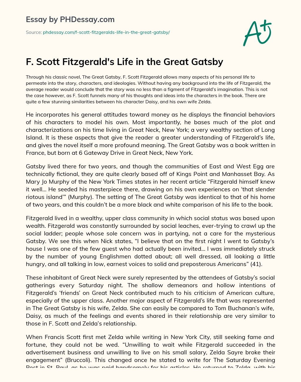 F. Scott Fitzgerald’s Life in the Great Gatsby essay