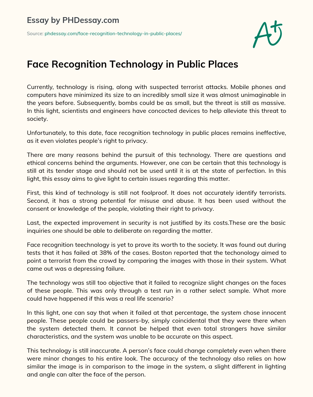 Face Recognition Technology in Public Places essay