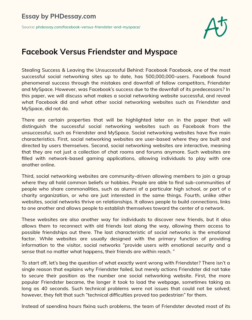 Facebook Versus Friendster and Myspace essay