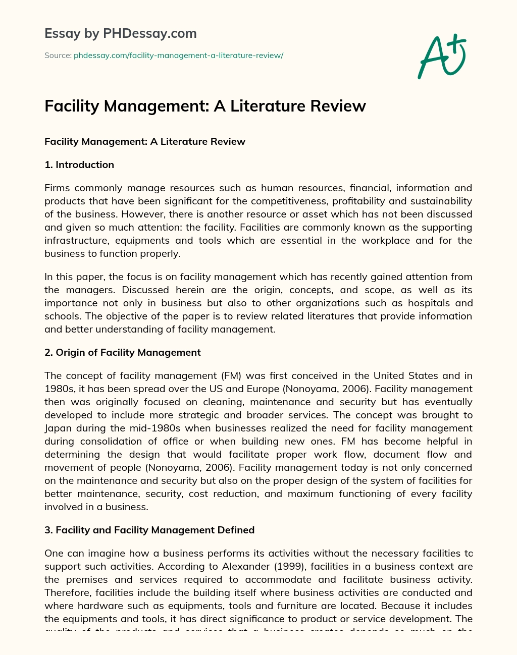 Facility Management: A Literature Review essay
