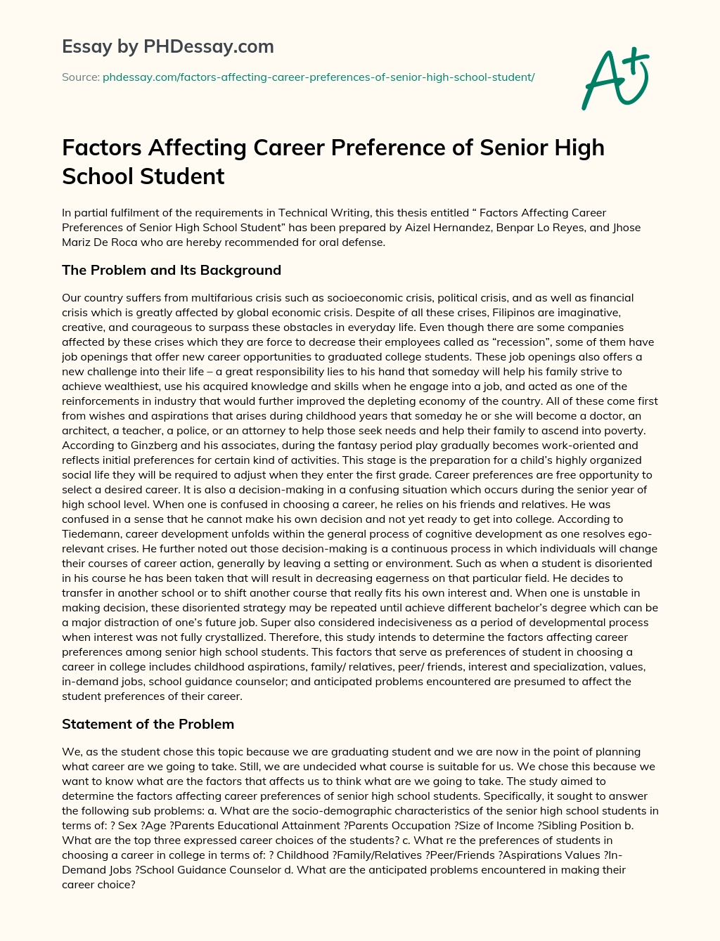 Factors Affecting Career Preference of Filipino Senior High School Student essay