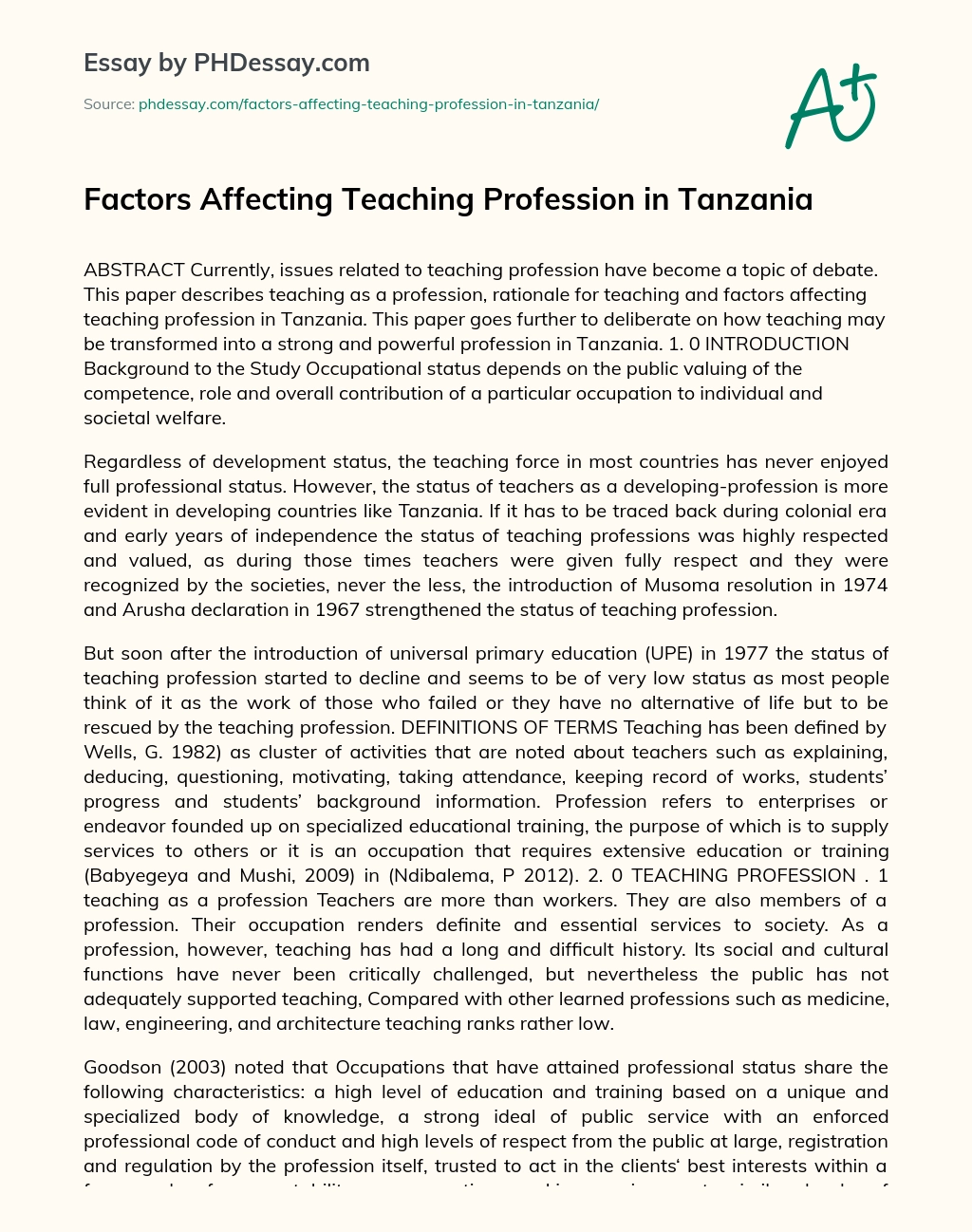 Factors Affecting Teaching Profession in Tanzania essay