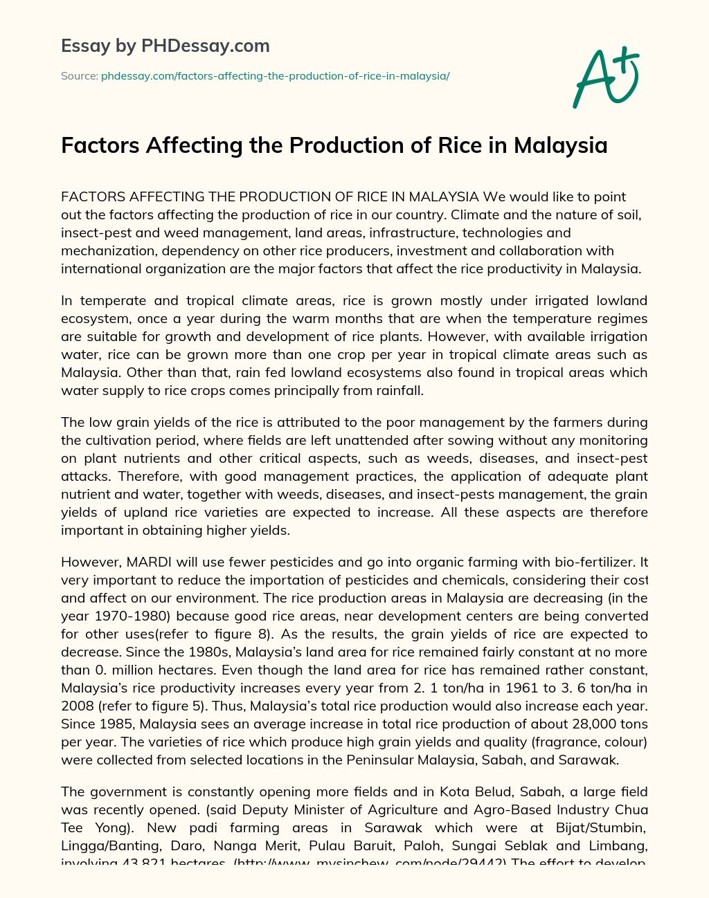 Factors Affecting the Production of Rice in Malaysia essay