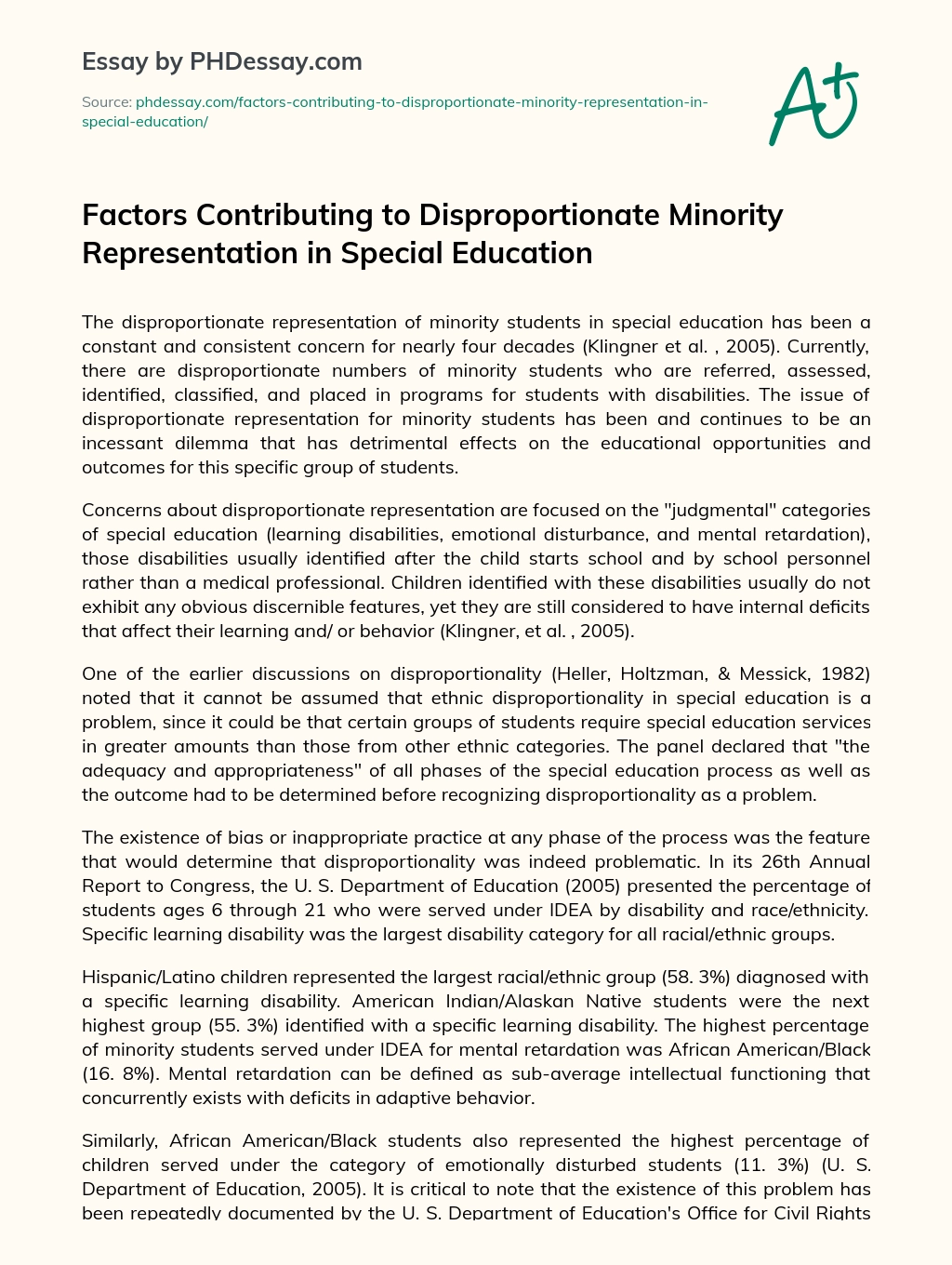 Factors Contributing to Disproportionate Minority Representation in Special Education essay