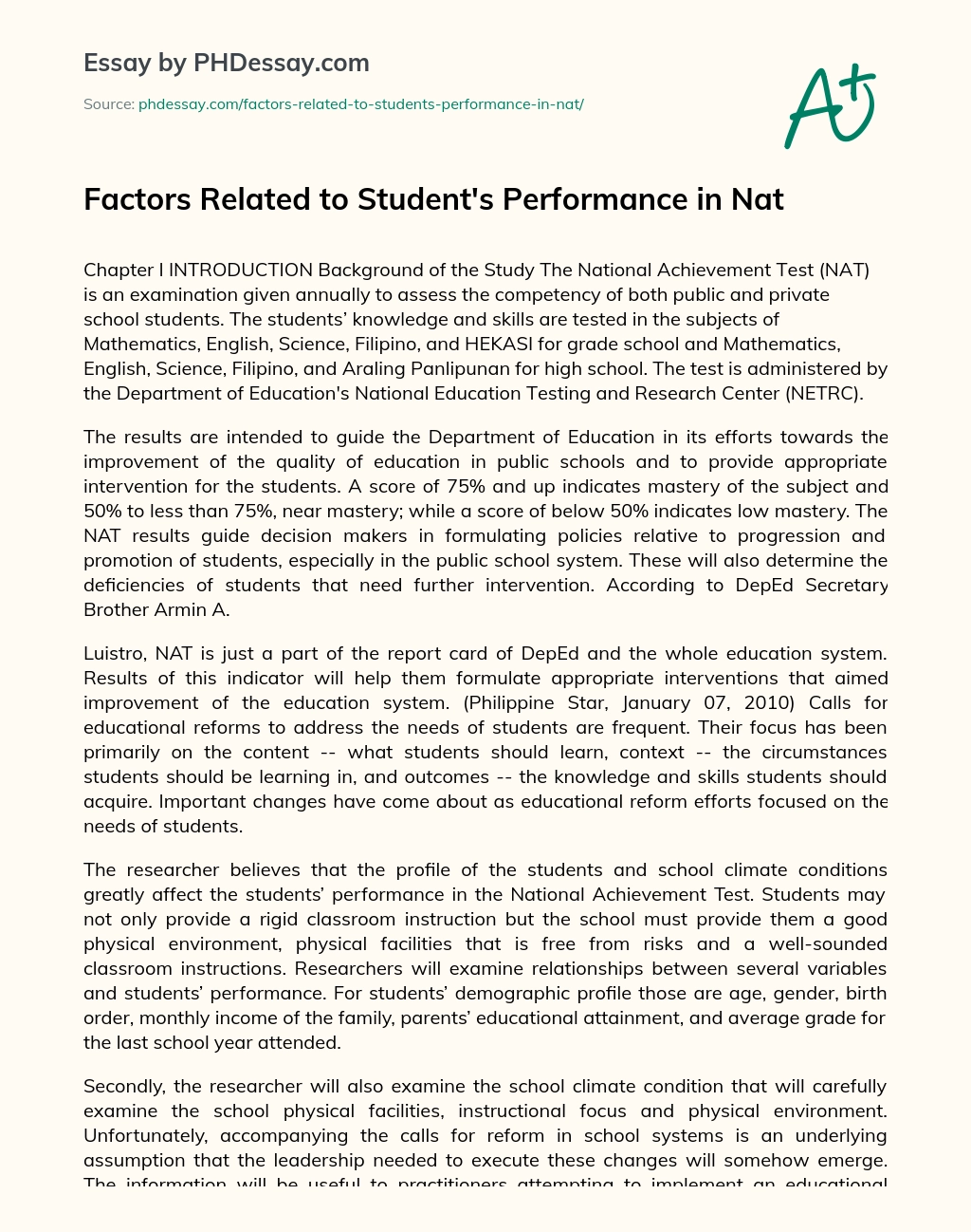Factors Related to Student’s Performance in Nat essay