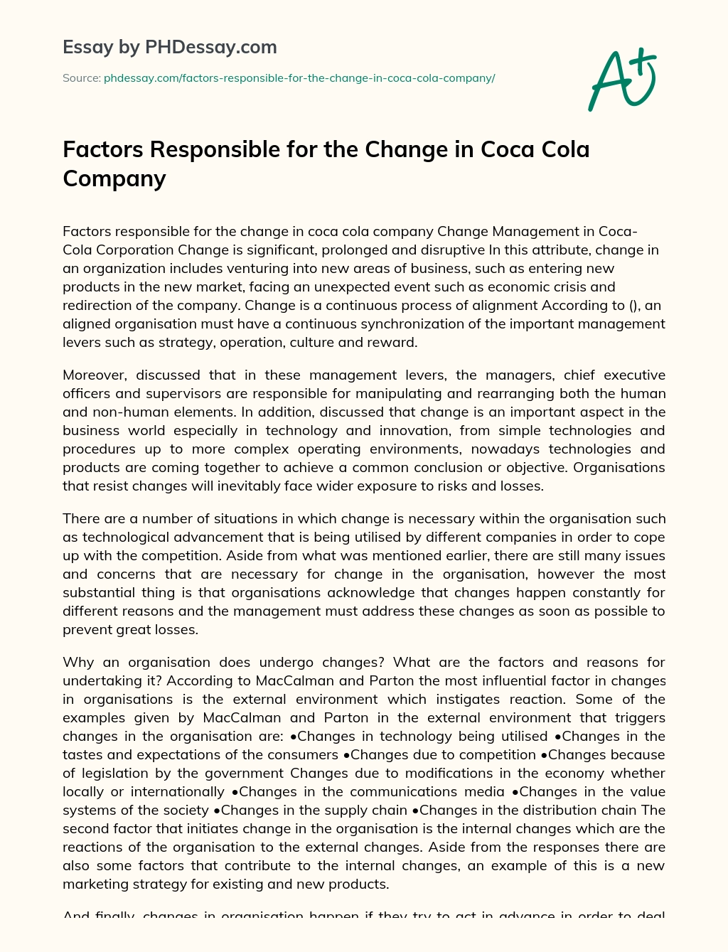Factors Responsible for the Change in Coca Cola Company essay