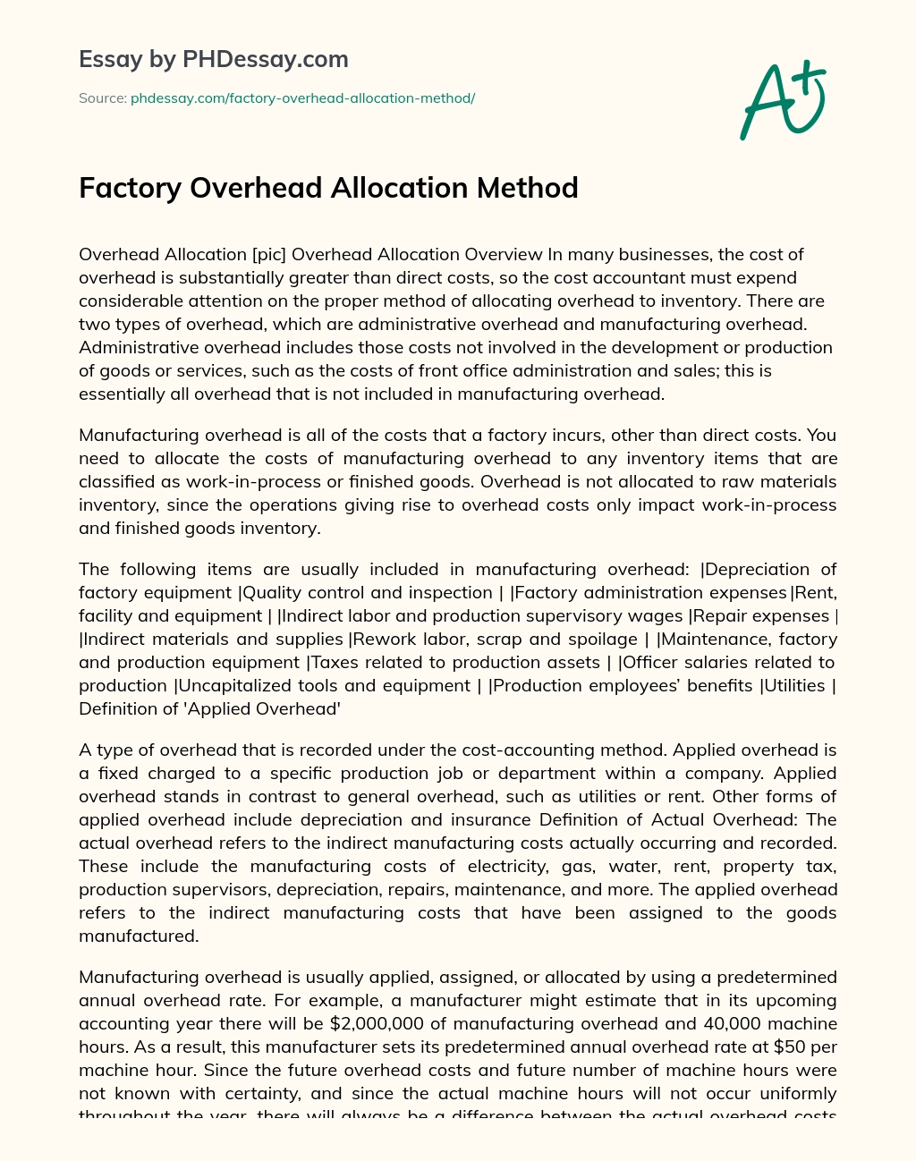 Factory Overhead Allocation Method essay