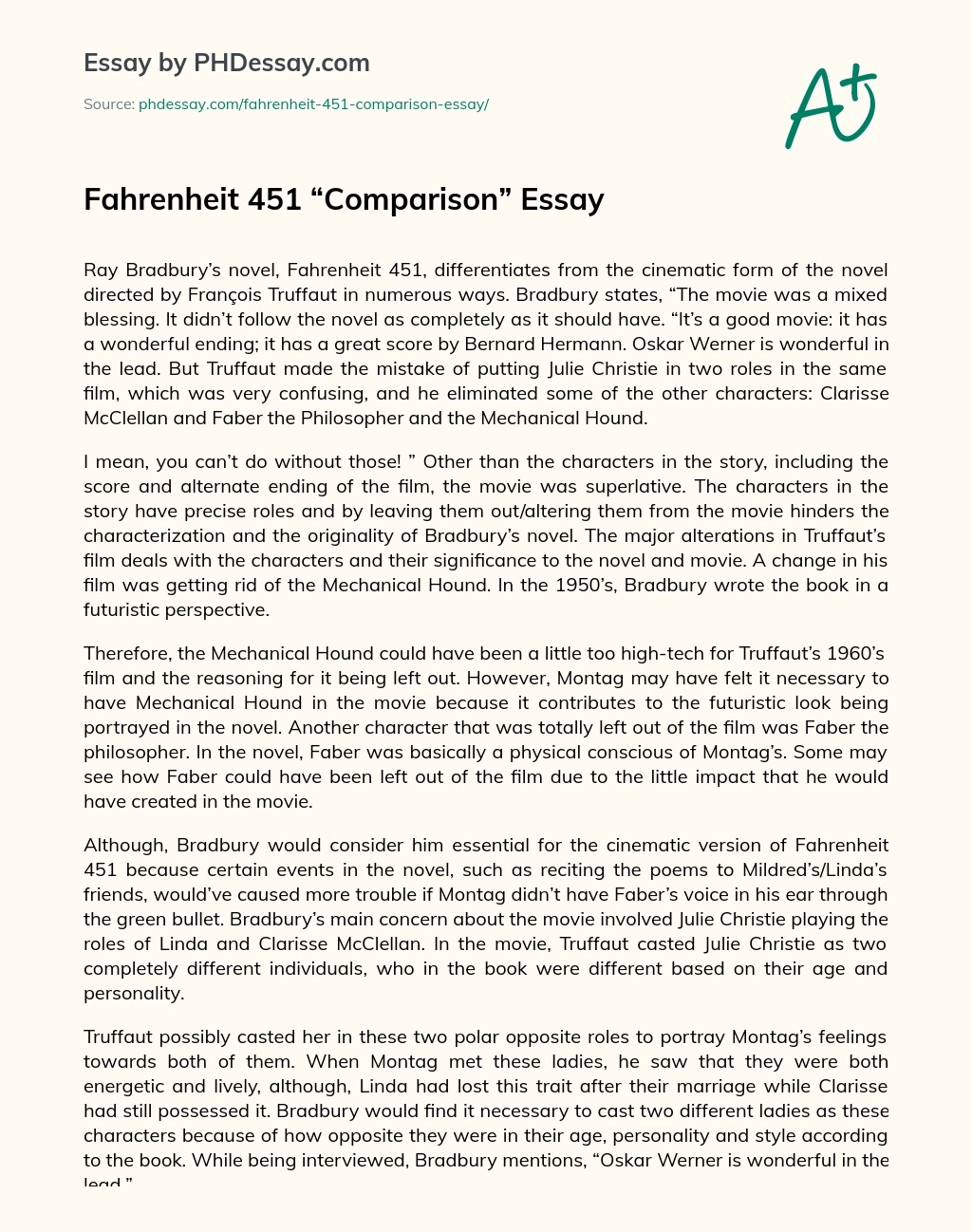 Fahrenheit 451 “Comparison” Essay essay