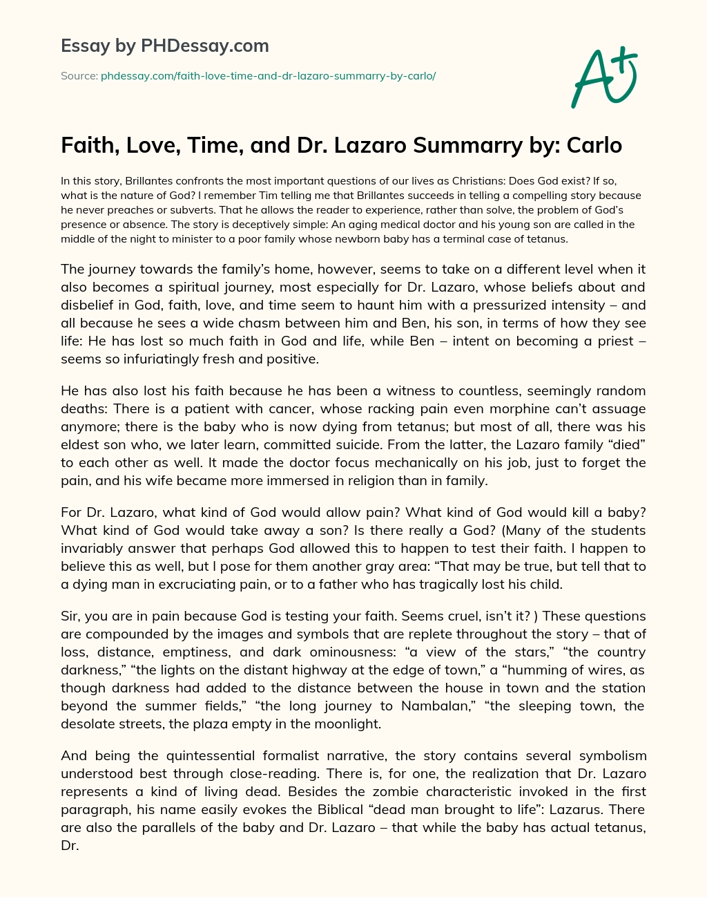 Faith, Love, Time, and Dr. Lazaro essay