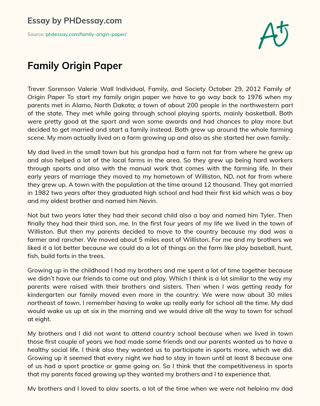 Family Origin Paper essay