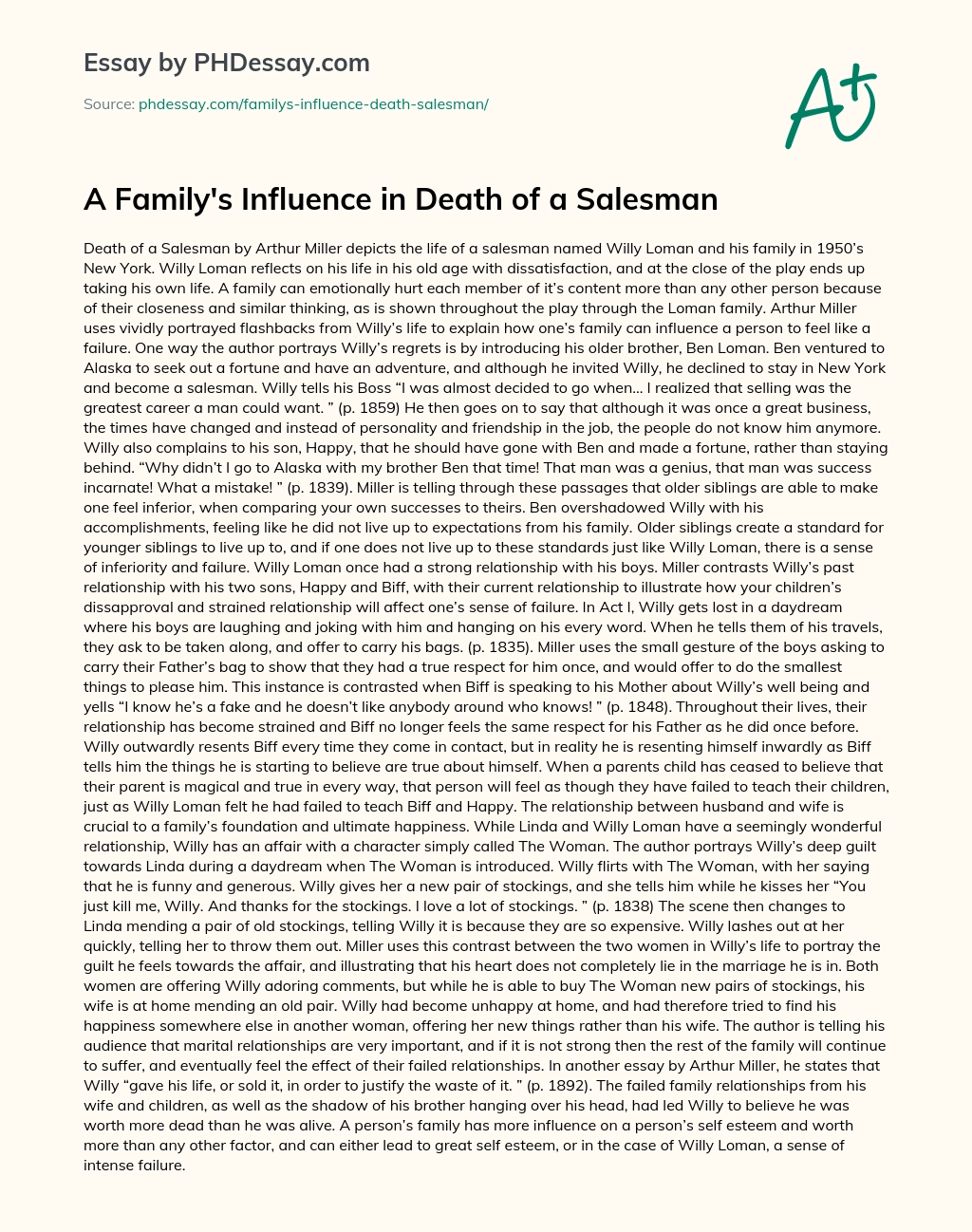 A Family’s Influence in Death of a Salesman essay