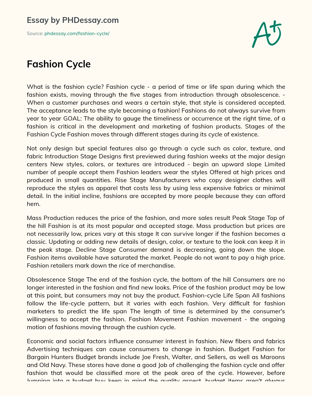 Understanding the Fashion Cycle: Introduction, Rise, Peak, Decline, and Obsolescence essay