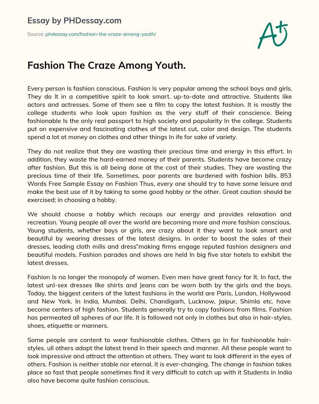 Fashion The Craze Among Youth. essay