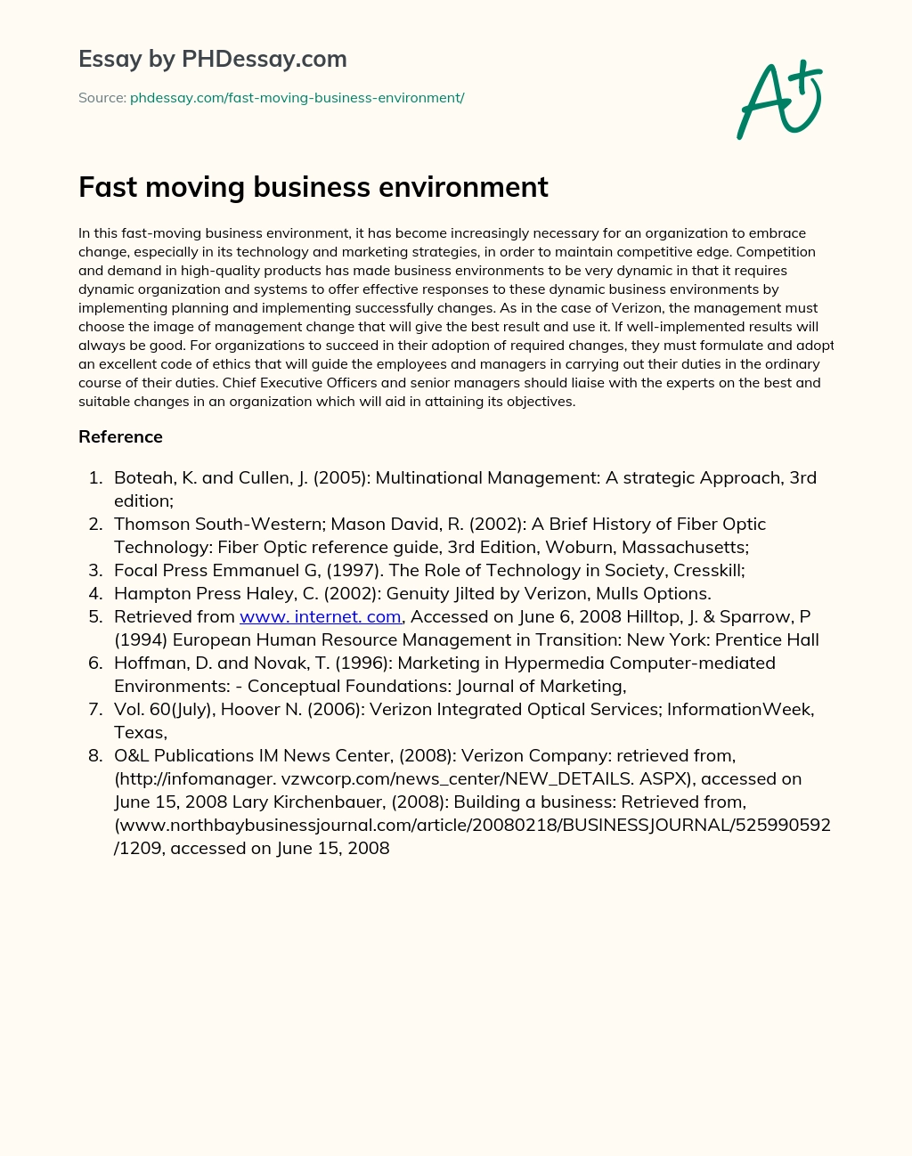 Fast moving business environment essay
