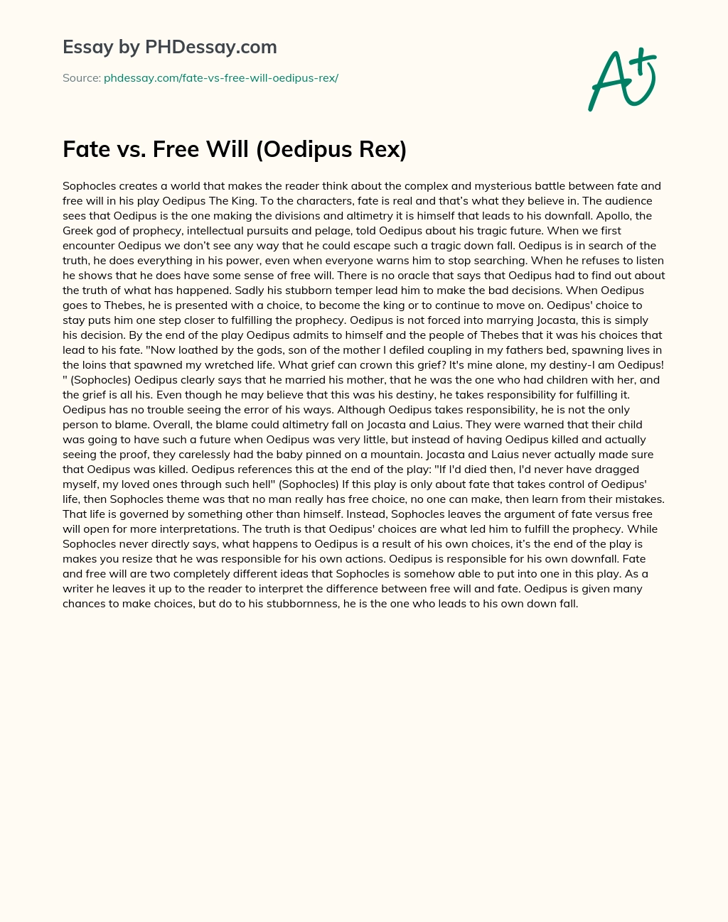 Fate vs. Free Will (Oedipus Rex) essay