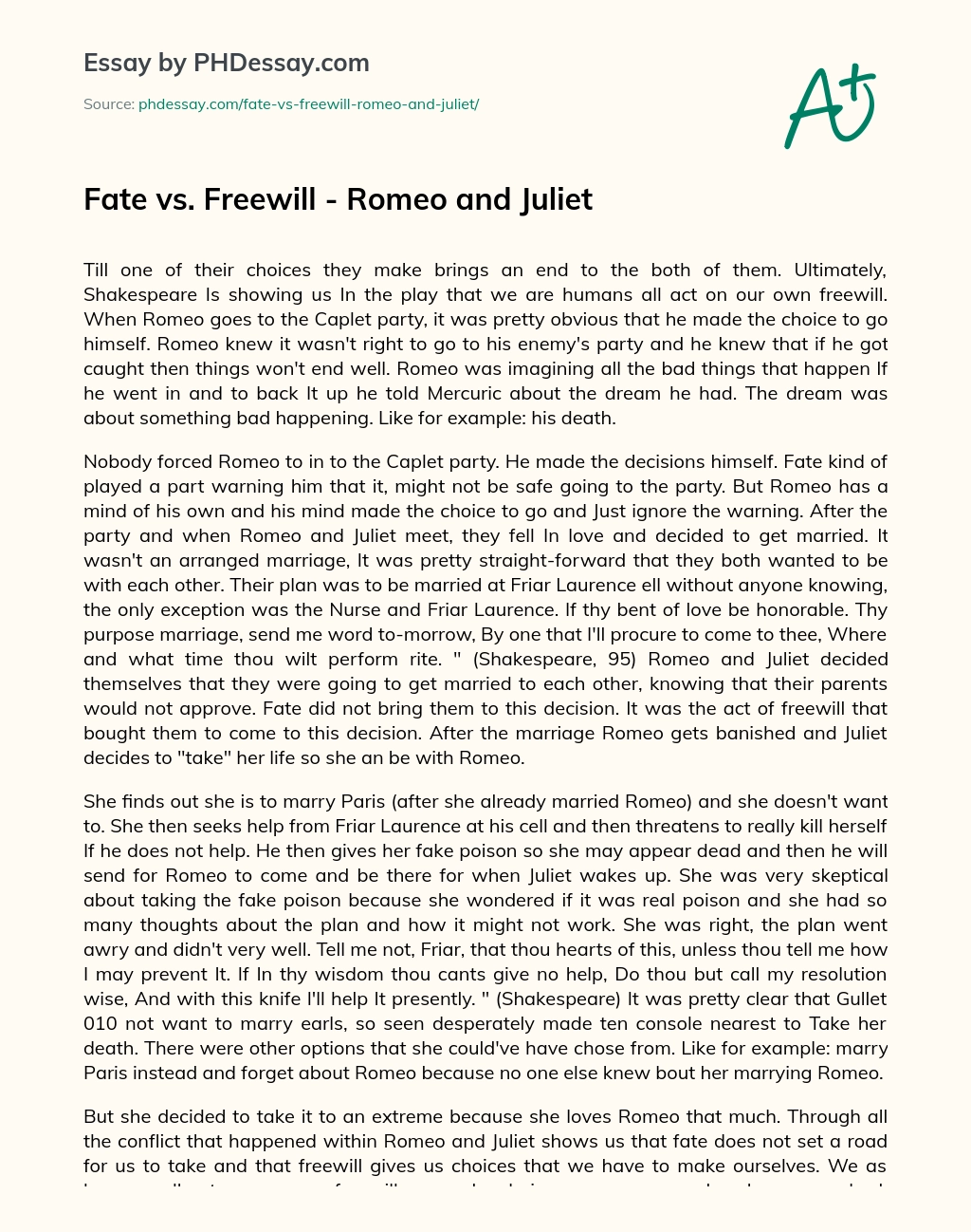 Fate vs. Freewill – Romeo and Juliet essay