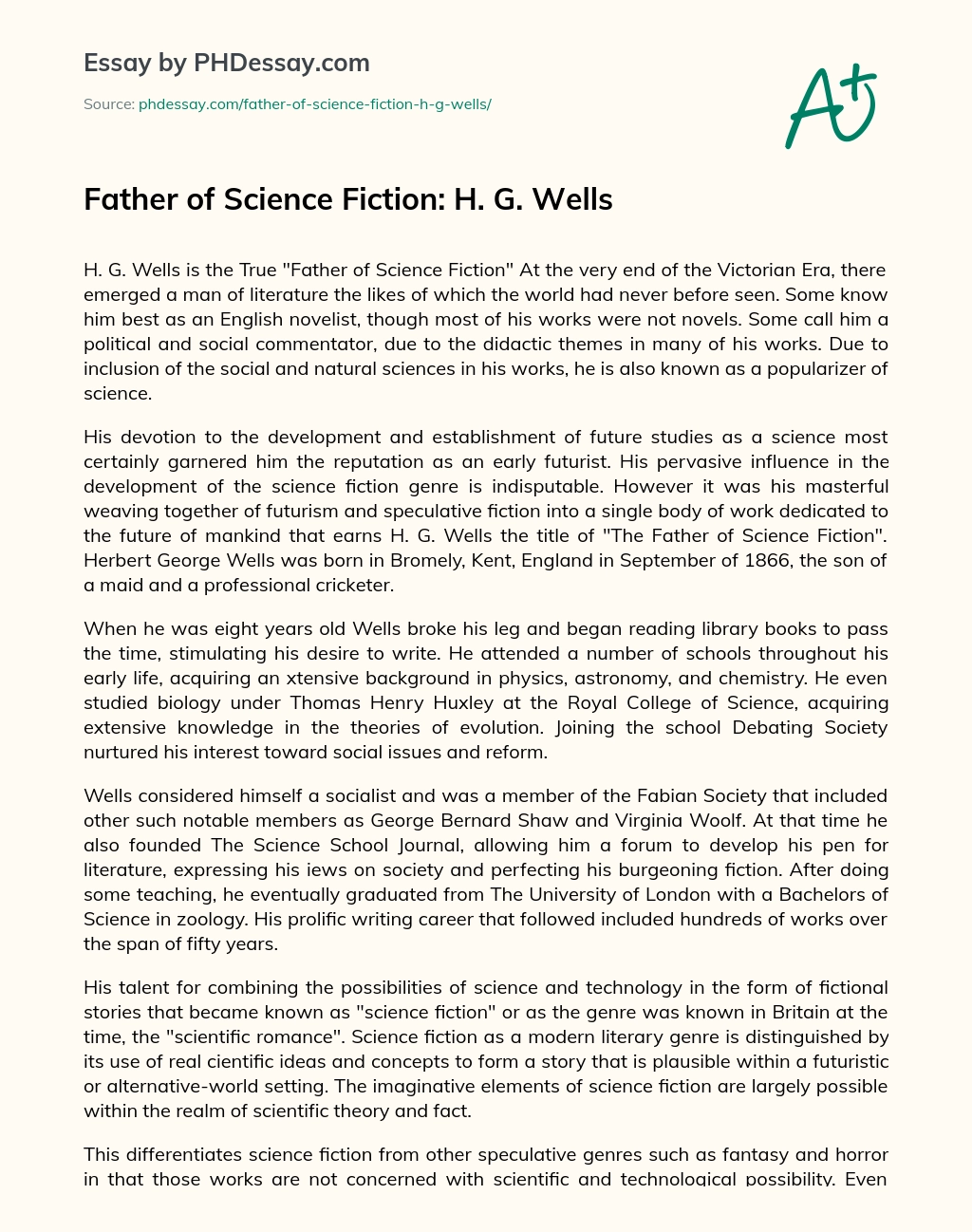 Father of Science Fiction: H. G. Wells essay