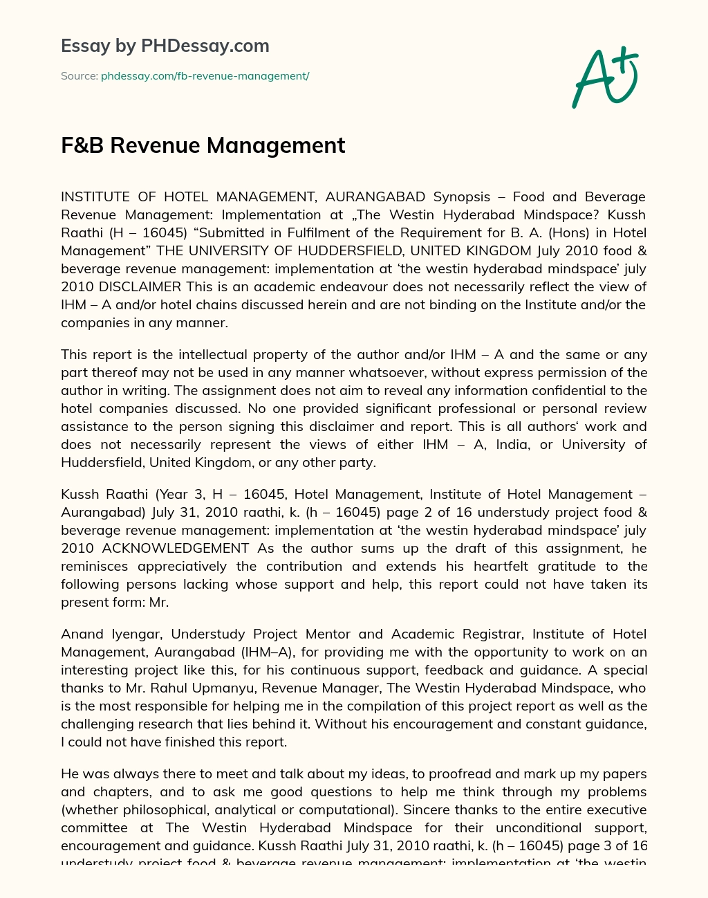 F&B Revenue Management essay