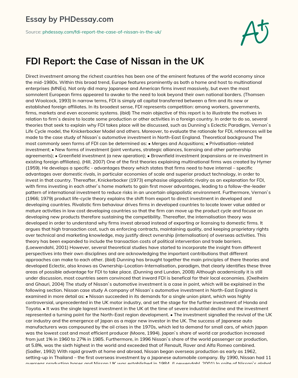 the Case of Nissan in the UK essay
