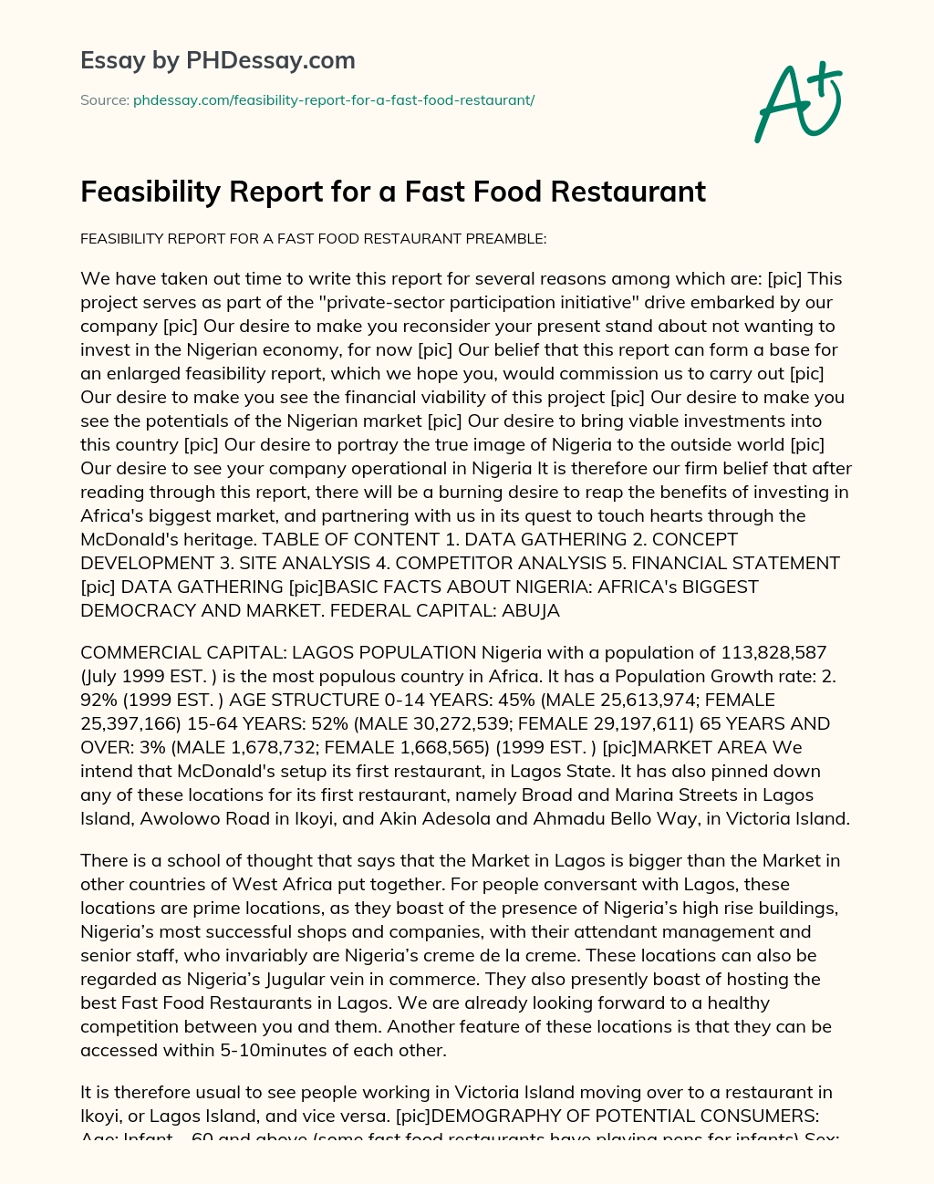 Feasibility Report for a Fast Food Restaurant essay