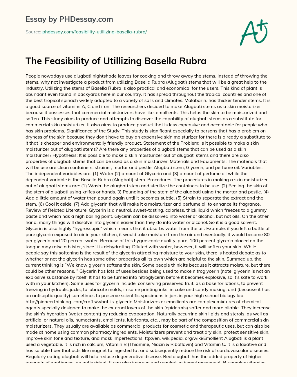 The Feasibility of Utillizing Basella Rubra essay
