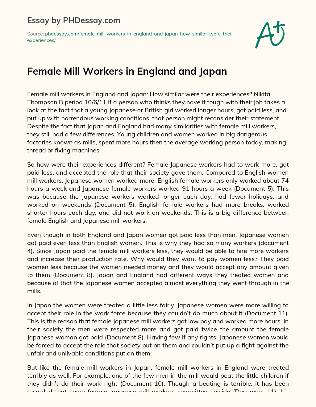 Female Mill Workers in England and Japan essay