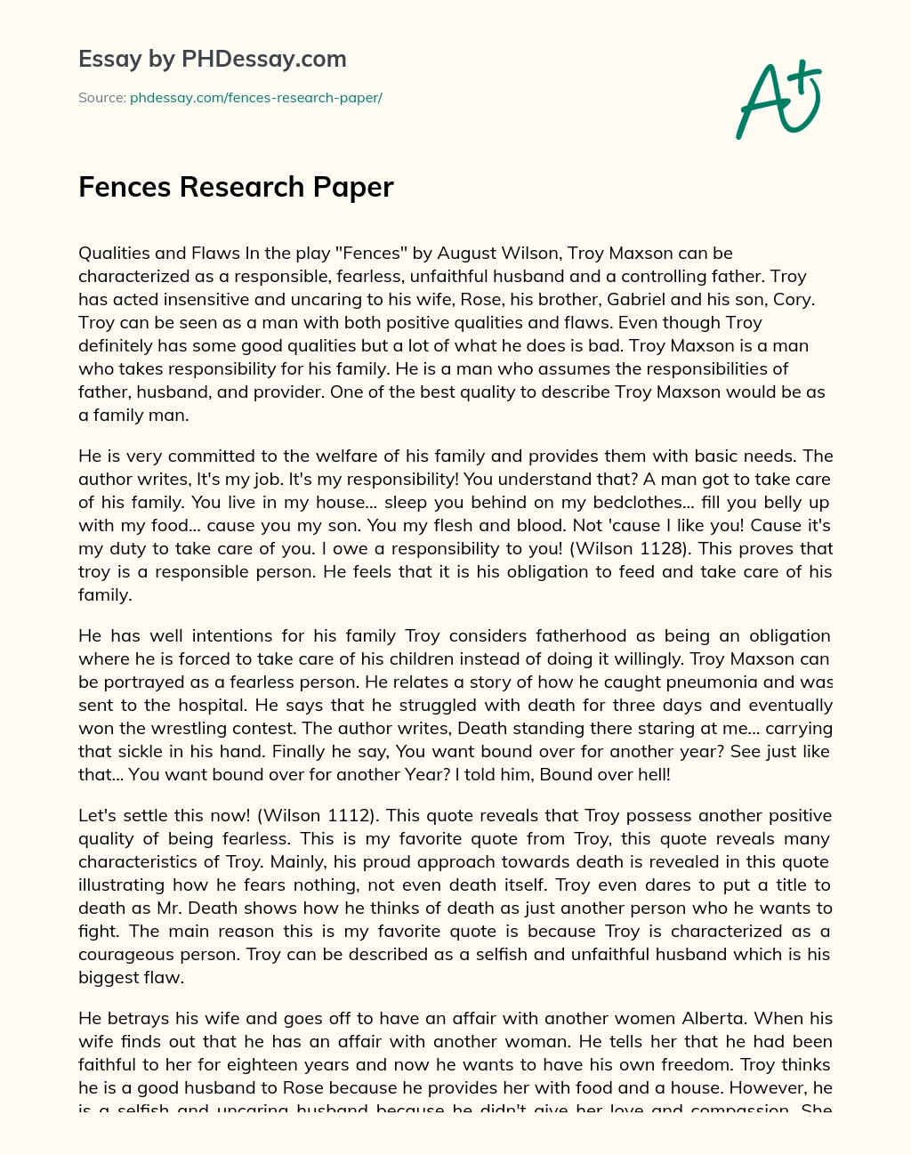 Реферат: Fences By August Wilson Essay Research Paper