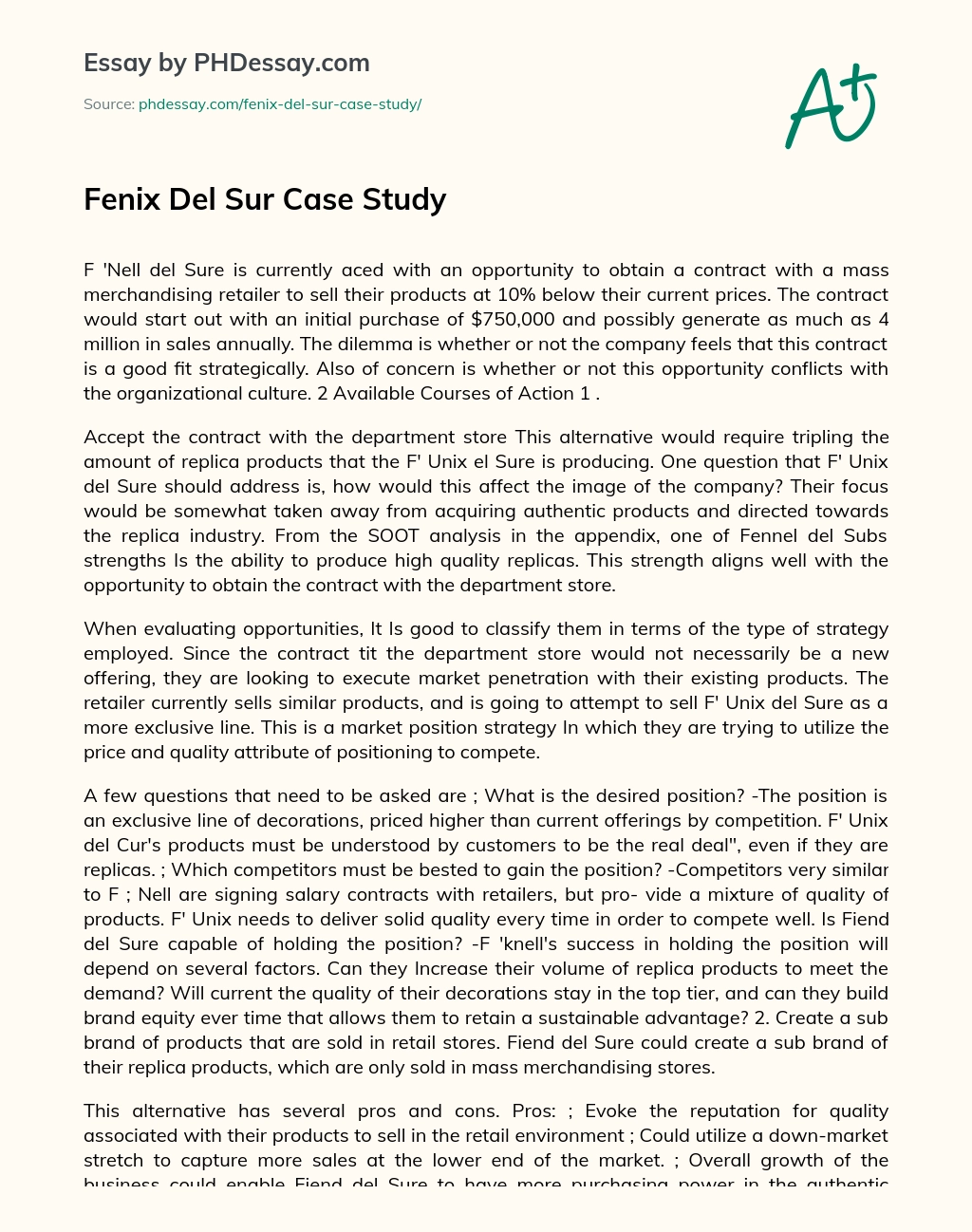 Fenix Del Sur Case Study essay