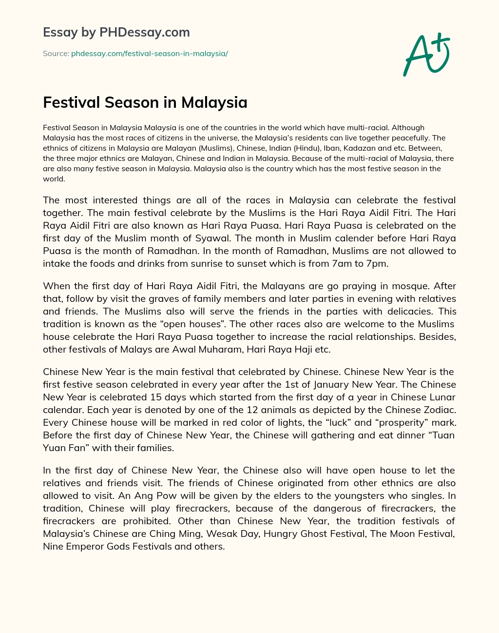 Festival Season in Malaysia essay