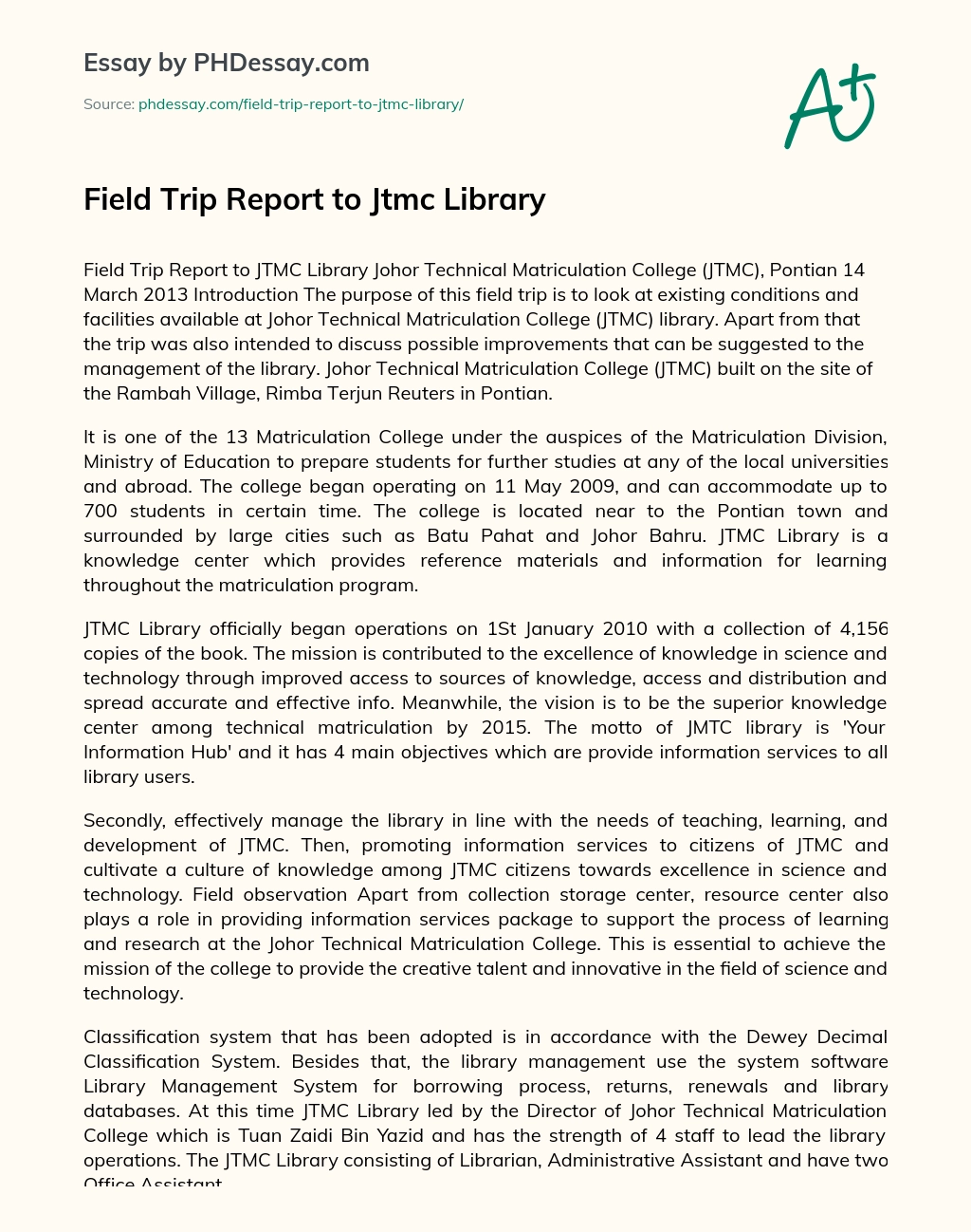 Field Trip Report to Jtmc Library essay