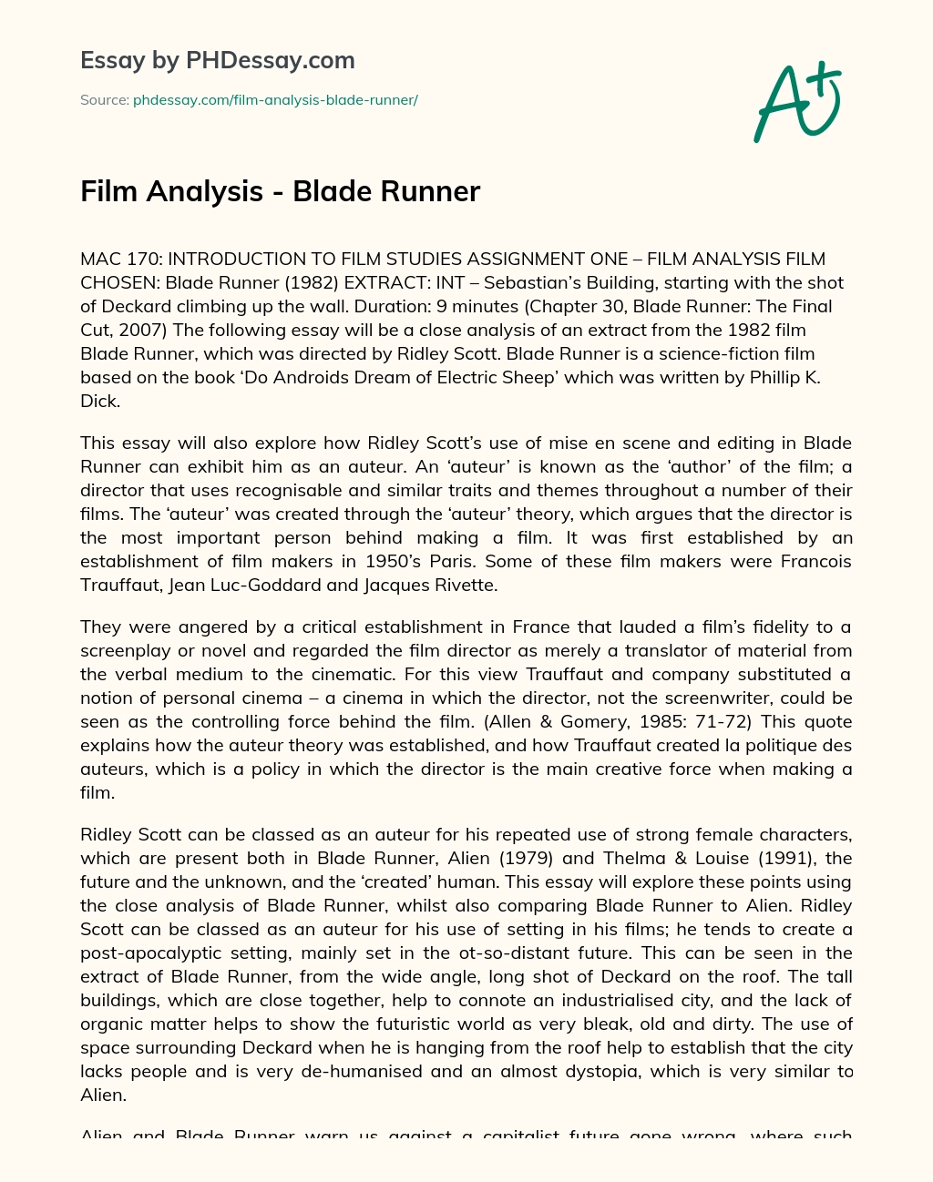 Film Analysis – Blade Runner essay