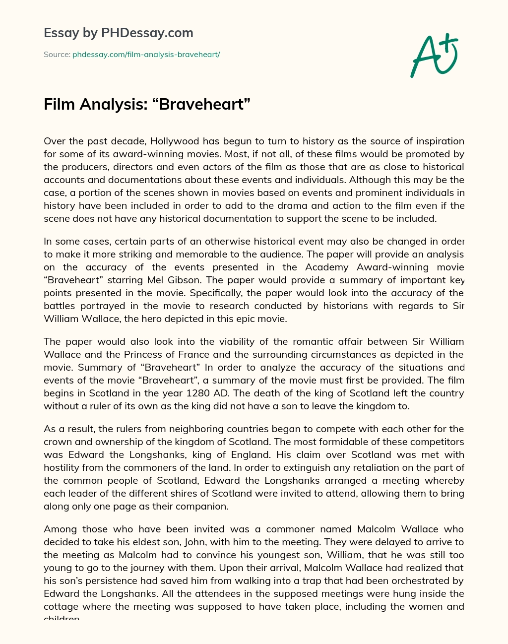 Film Analysis: “Braveheart” essay
